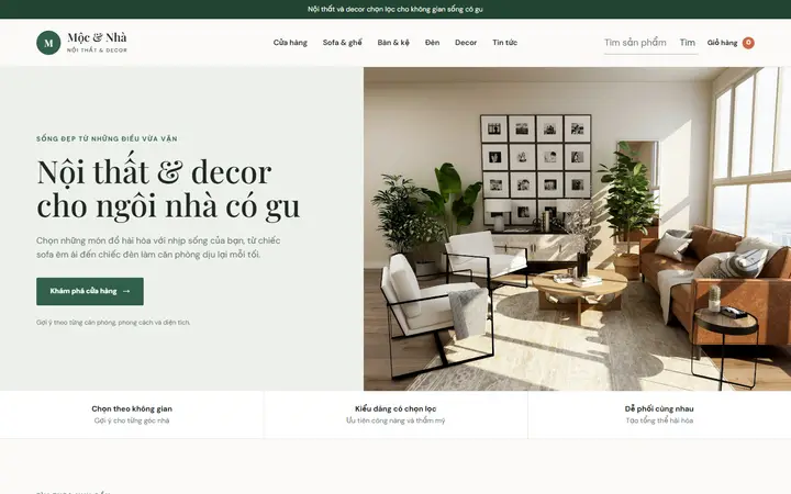 Giao diện mẫu website Mộc & Nhà – ngành Bán hàng