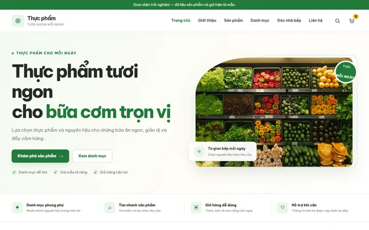 Giao diện mẫu website Thực phẩm tươi ngon – ngành Thực phẩm